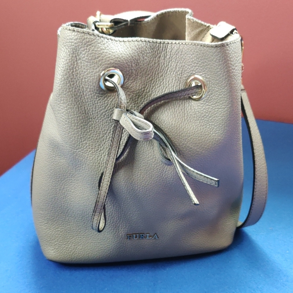 Furla Gray Shoulder Bag with Drawstring Closure. Like New